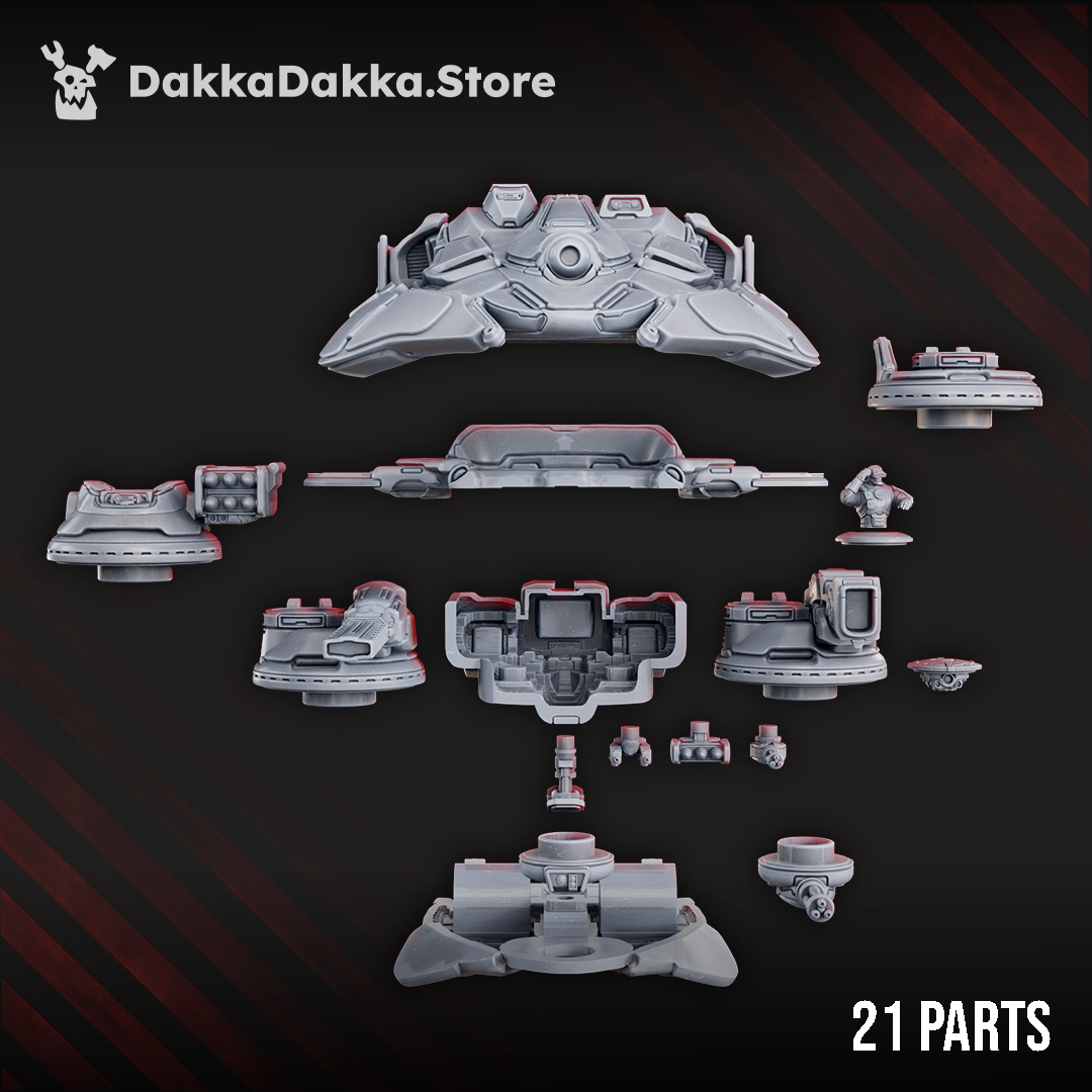Black Sun Covenant hover tank kit, 21 parts including 4 turrets, drones and crew, by Dakka Dakka