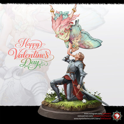 Render of Valentine's Day Gift Diorama | 32-75mm Knight and Fairy: A knight and a butterfly-winged fairy display diorama on a flowered meadow round, from White Werewolf's Magic Forest. 32-75mm 3D printed resin display piece.