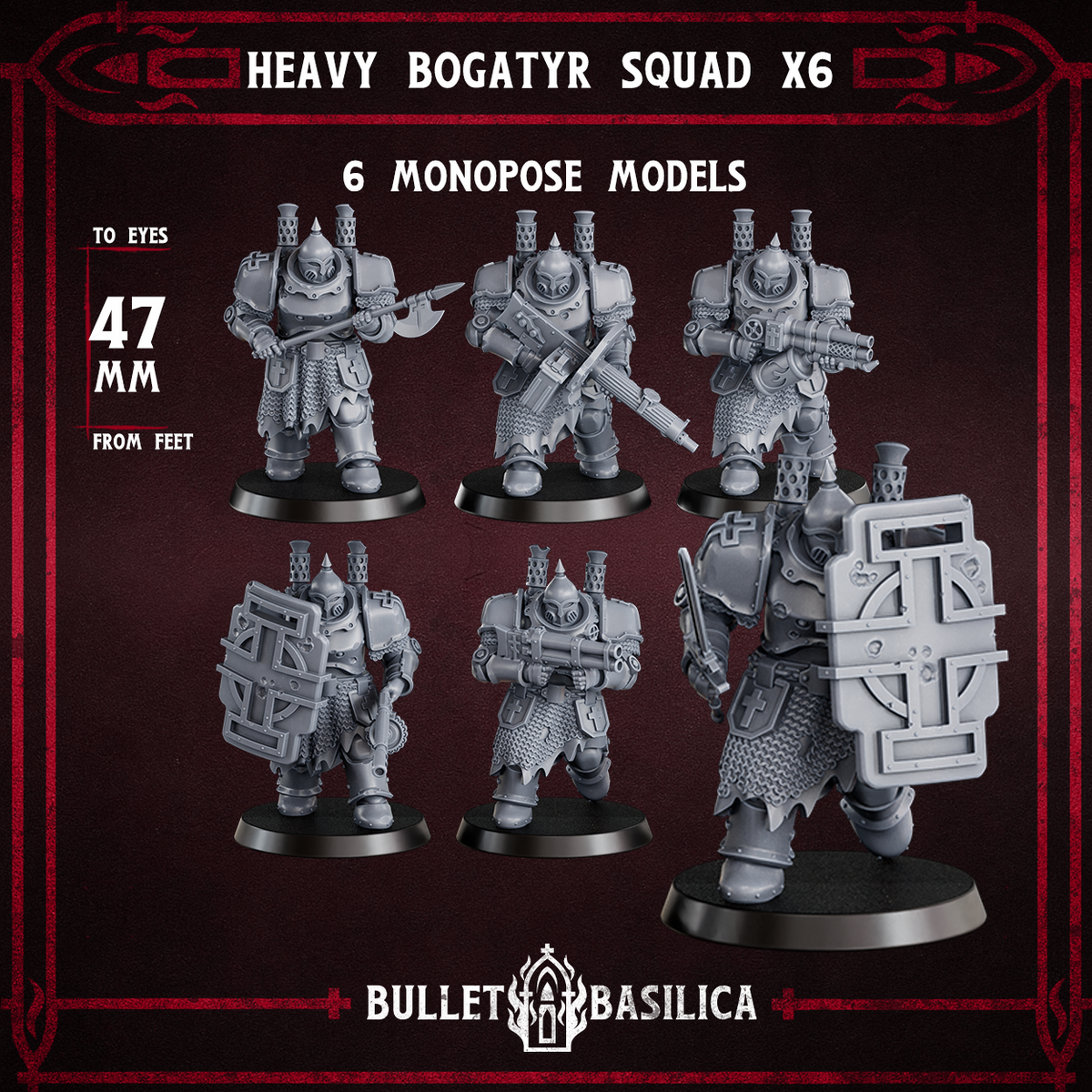 Heavy Bogatyr Squad, six monopose heavy bogatyrs in plate and mail with shields, polearm, shotgun, machine gun and flamethrower, Bullet Basilica render