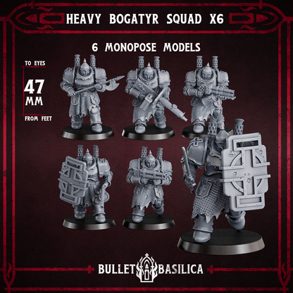 Heavy Bogatyr Squad, six monopose heavy bogatyrs in plate and mail with shields, polearm, shotgun, machine gun and flamethrower, Bullet Basilica render