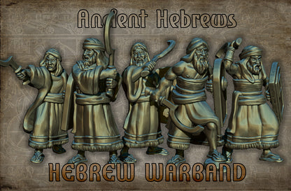 Hebrew Warband, five Bronze Age Hebrew warriors with khopesh sickle-swords and tall wicker shields, 28mm resin miniatures by Red Copper Miniatures.