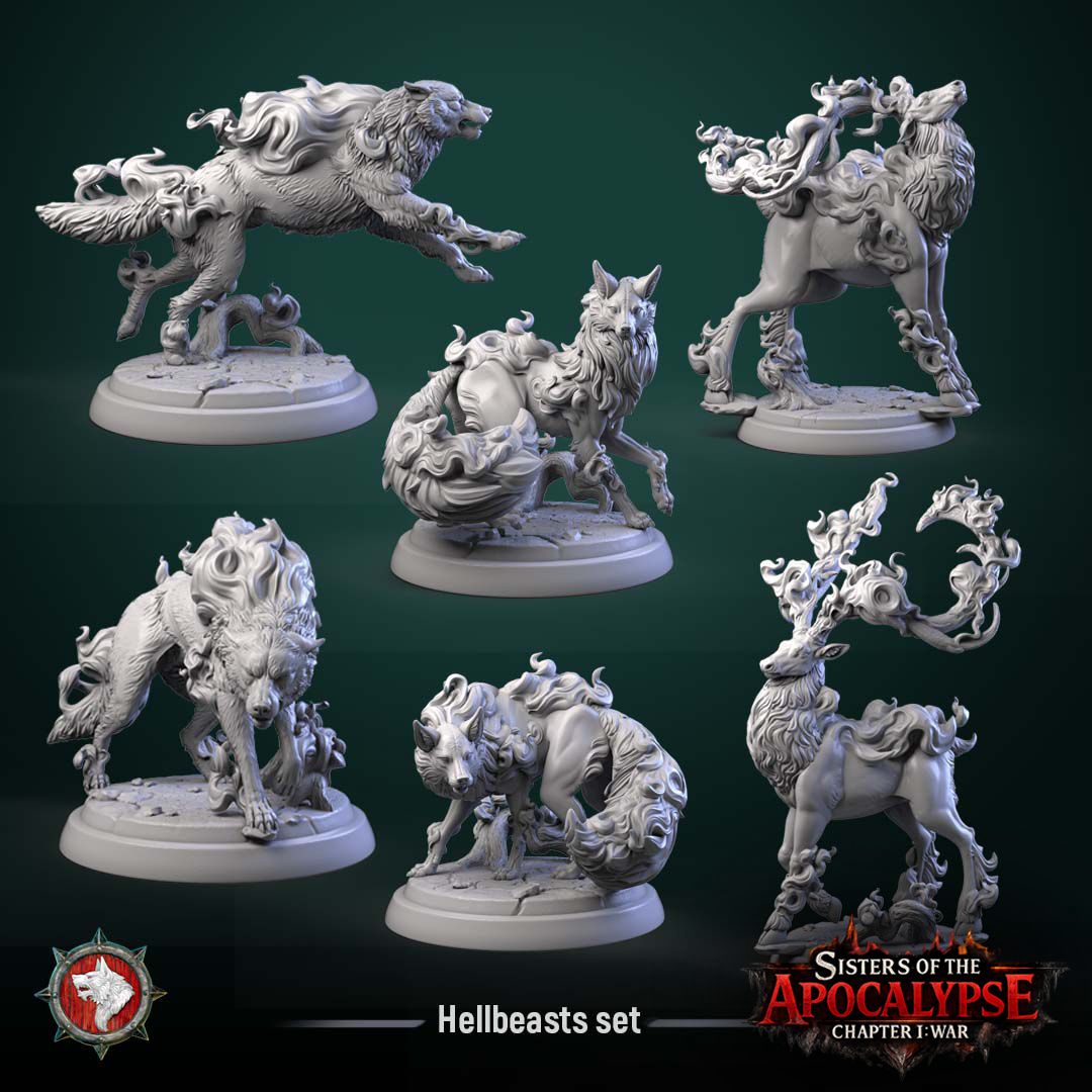 Group shot of all six Hellbeasts: two fire wolves, two fire stags, and two fire foxes, each with a flowing flame mane and tail on round bases