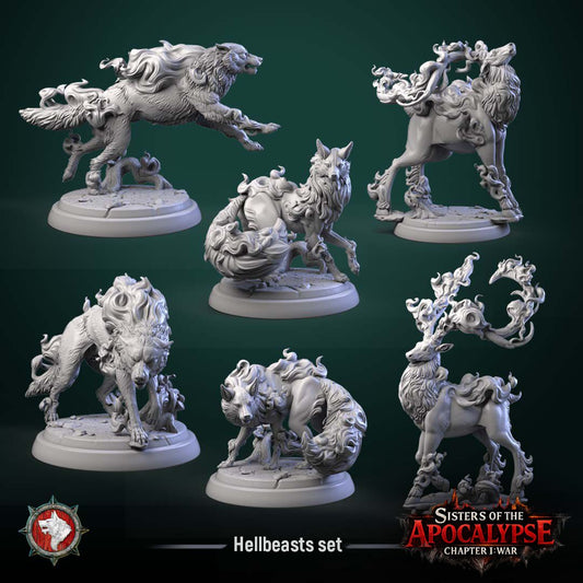 Render of Hellbeasts | 32mm Dark Fantasy Beast Miniatures: Hellbeasts, a pack of six flame-wreathed wolves, stags and foxes from White Werewolf's Sisters of the Apocalypse. Dark-fantasy 3D printed resin miniatures.
