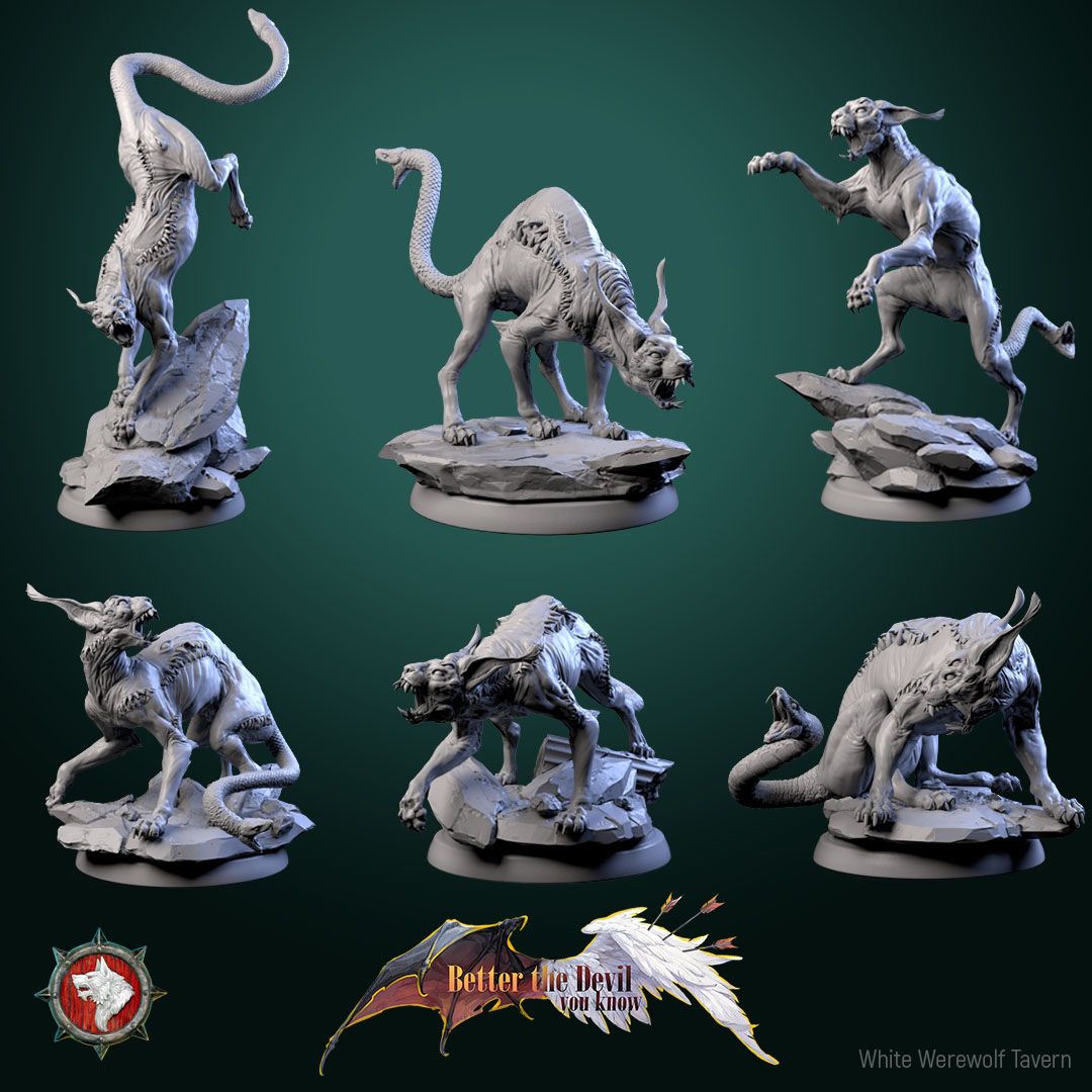 Render of Hellcats | 32mm Demon Cat Miniatures: Six skinless horned hellcats with serpent-head tails, from White Werewolf's Better the Devil You Know. 32mm 3D printed resin fiends, single or set.