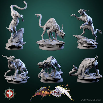 Render of Hellcats | 32mm Demon Cat Miniatures: Six skinless horned hellcats with serpent-head tails, from White Werewolf's Better the Devil You Know. 32mm 3D printed resin fiends, single or set.