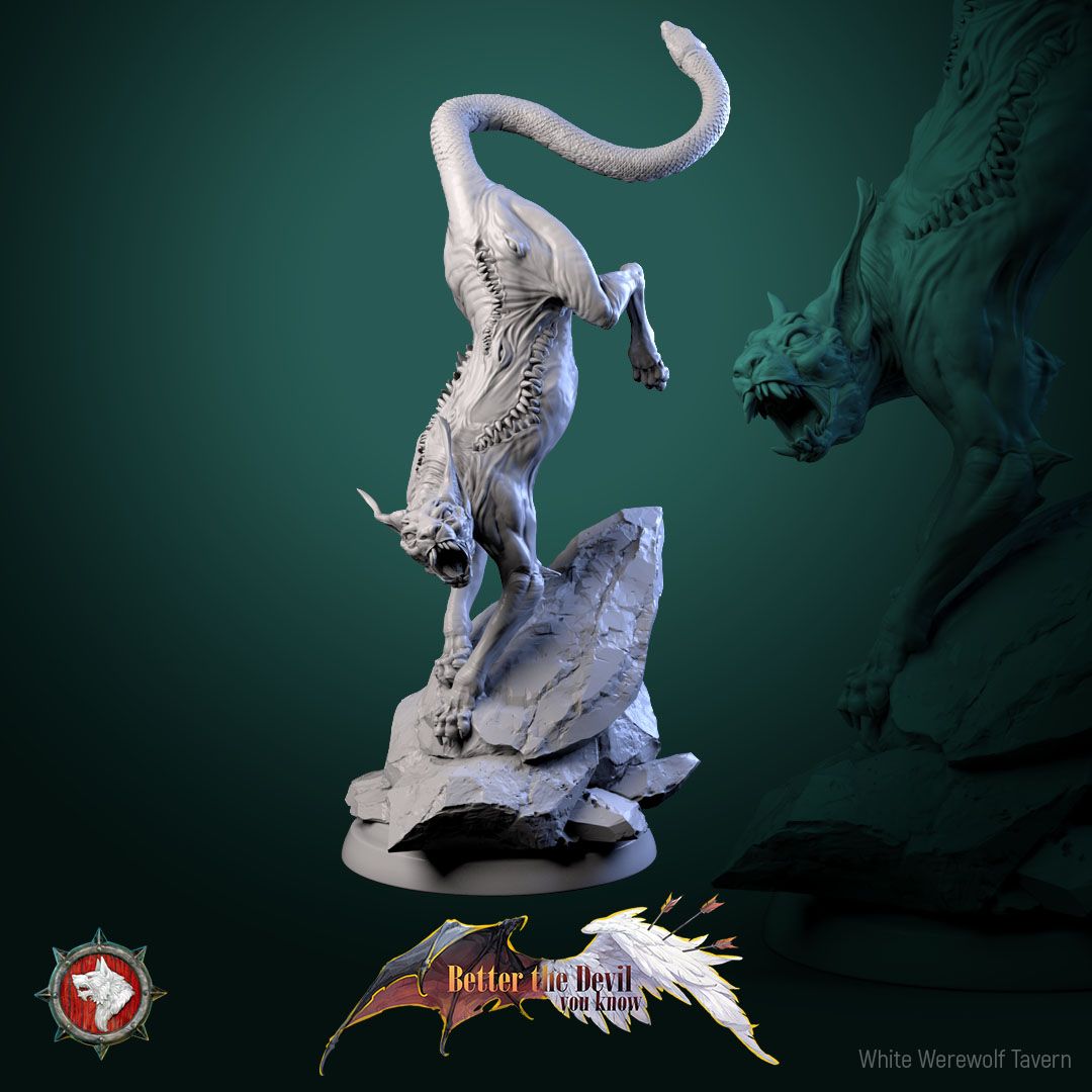 Render of Hellcats | 32mm Demon Cat Miniatures: Six skinless horned hellcats with serpent-head tails, from White Werewolf's Better the Devil You Know. 32mm 3D printed resin fiends, single or set.