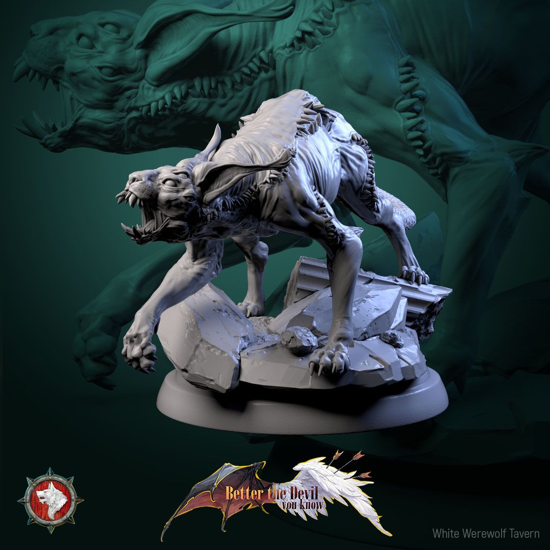 Render of Hellcats | 32mm Demon Cat Miniatures: Six skinless horned hellcats with serpent-head tails, from White Werewolf's Better the Devil You Know. 32mm 3D printed resin fiends, single or set.