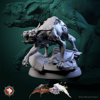 Render of Hellcats | 32mm Demon Cat Miniatures: Six skinless horned hellcats with serpent-head tails, from White Werewolf's Better the Devil You Know. 32mm 3D printed resin fiends, single or set.