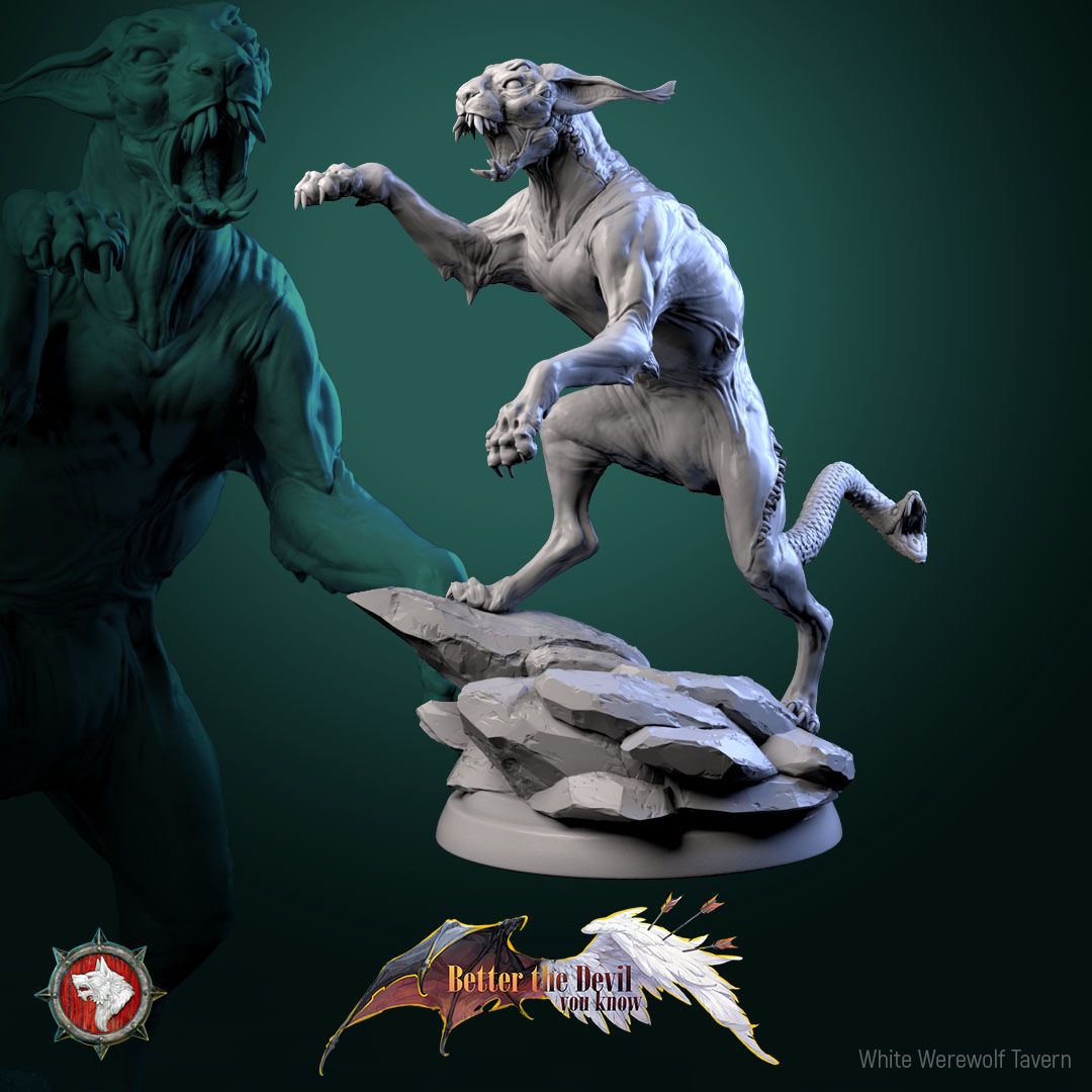 Render of Hellcats | 32mm Demon Cat Miniatures: Six skinless horned hellcats with serpent-head tails, from White Werewolf's Better the Devil You Know. 32mm 3D printed resin fiends, single or set.