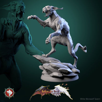 Render of Hellcats | 32mm Demon Cat Miniatures: Six skinless horned hellcats with serpent-head tails, from White Werewolf's Better the Devil You Know. 32mm 3D printed resin fiends, single or set.