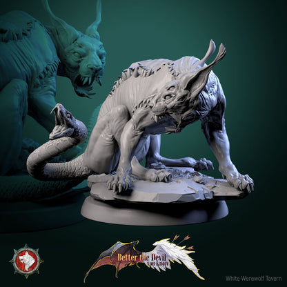 Render of Hellcats | 32mm Demon Cat Miniatures: Six skinless horned hellcats with serpent-head tails, from White Werewolf's Better the Devil You Know. 32mm 3D printed resin fiends, single or set.
