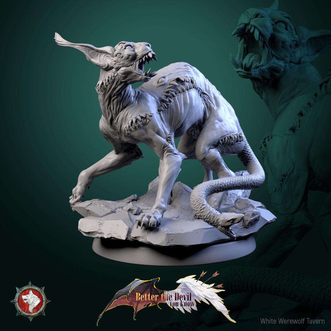 Render of Hellcats | 32mm Demon Cat Miniatures: Six skinless horned hellcats with serpent-head tails, from White Werewolf's Better the Devil You Know. 32mm 3D printed resin fiends, single or set.