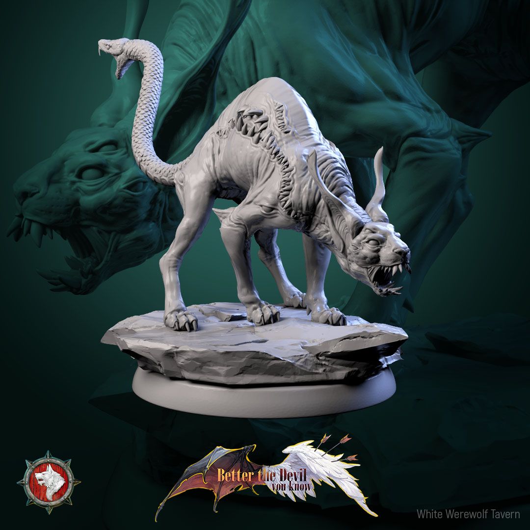 Render of Hellcats | 32mm Demon Cat Miniatures: Six skinless horned hellcats with serpent-head tails, from White Werewolf's Better the Devil You Know. 32mm 3D printed resin fiends, single or set.