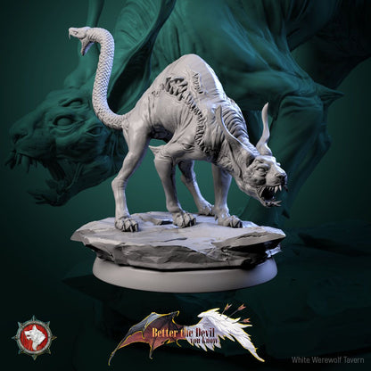 Render of Hellcats | 32mm Demon Cat Miniatures: Six skinless horned hellcats with serpent-head tails, from White Werewolf's Better the Devil You Know. 32mm 3D printed resin fiends, single or set.