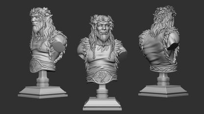 Render of Helreginn Thornward Bust | Forest Sentinel Collector Bust: Wild-man forest sentinel bust with leaf crown and braided beard, from White Werewolf's Sprites, Slimes and Secrets. 3D printed resin collector bust.