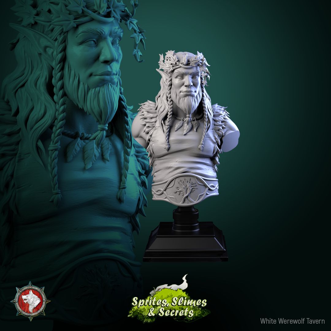 Render of Helreginn Thornward Bust | Forest Sentinel Collector Bust: Wild-man forest sentinel bust with leaf crown and braided beard, from White Werewolf's Sprites, Slimes and Secrets. 3D printed resin collector bust.