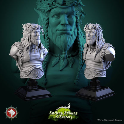Render of Helreginn Thornward Bust | Forest Sentinel Collector Bust: Wild-man forest sentinel bust with leaf crown and braided beard, from White Werewolf's Sprites, Slimes and Secrets. 3D printed resin collector bust.