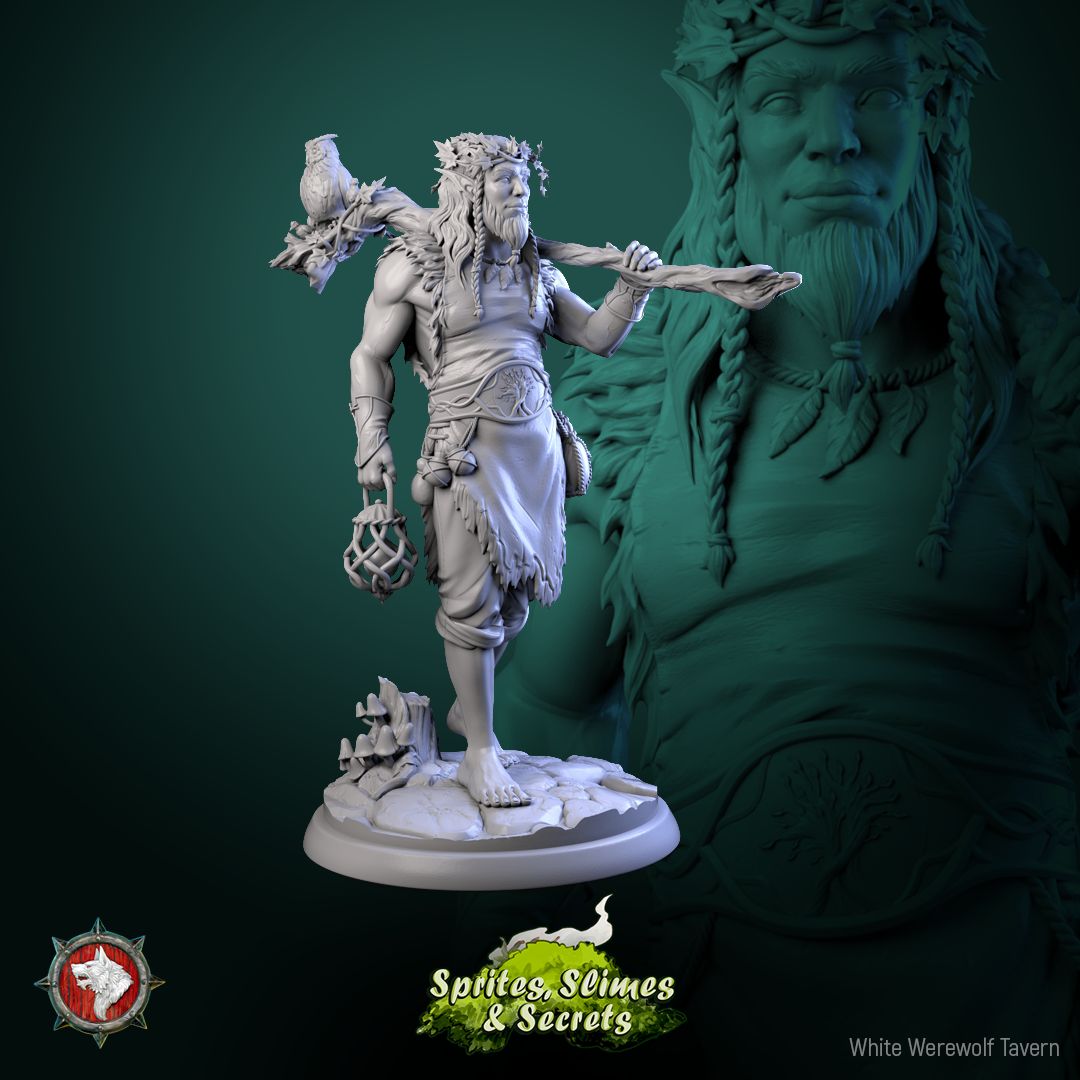 Render of Helreginn Thornward | 32-75mm Forest Sentinel Miniature: Wild-man forest sentinel with driftwood club, bird companion, and woven lantern, from White Werewolf's Sprites, Slimes and Secrets. 32-75mm resin.