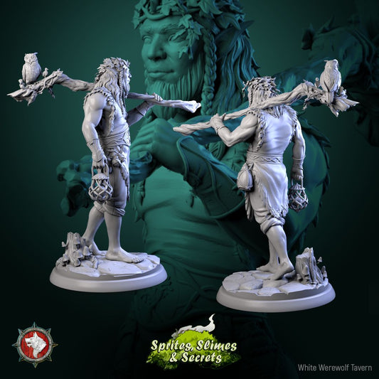 Render of Helreginn Thornward | 32-75mm Forest Sentinel Miniature: Wild-man forest sentinel with driftwood club, bird companion, and woven lantern, from White Werewolf's Sprites, Slimes and Secrets. 32-75mm resin.