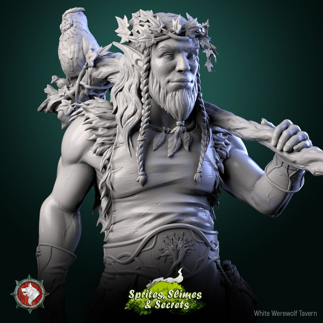 Render of Helreginn Thornward | 32-75mm Forest Sentinel Miniature: Wild-man forest sentinel with driftwood club, bird companion, and woven lantern, from White Werewolf's Sprites, Slimes and Secrets. 32-75mm resin.
