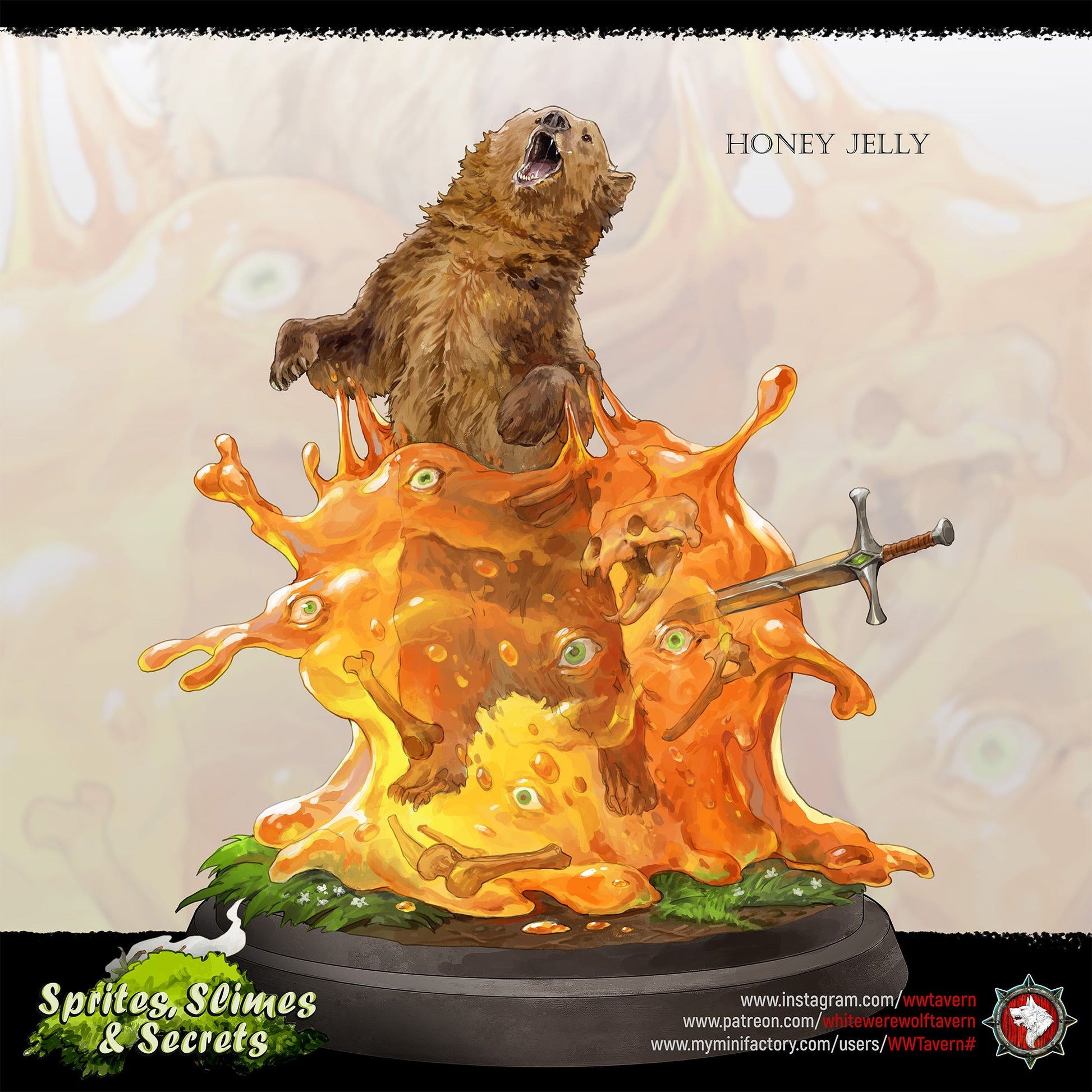 Render of Jelly with Animals Set | 32mm Engulfing Slime Miniatures: Honey jellies engulfing a horse and bear, and a primordial cube over a crocodile, from White Werewolf's Sprites, Slimes and Secrets. 32mm resin set.