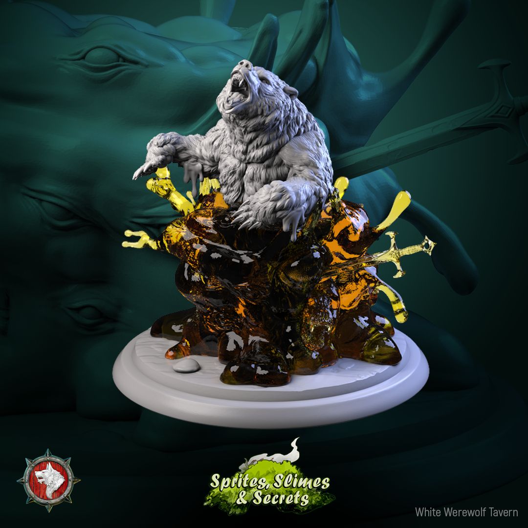 Render of Jelly with Animals Set | 32mm Engulfing Slime Miniatures: Honey jellies engulfing a horse and bear, and a primordial cube over a crocodile, from White Werewolf's Sprites, Slimes and Secrets. 32mm resin set.