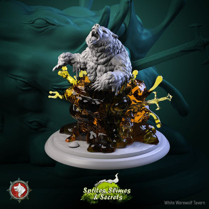 Render of Jelly with Animals Set | 32mm Engulfing Slime Miniatures: Honey jellies engulfing a horse and bear, and a primordial cube over a crocodile, from White Werewolf's Sprites, Slimes and Secrets. 32mm resin set.