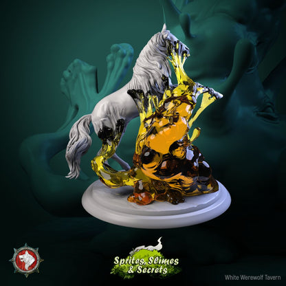 Render of Jelly with Animals Set | 32mm Engulfing Slime Miniatures: Honey jellies engulfing a horse and bear, and a primordial cube over a crocodile, from White Werewolf's Sprites, Slimes and Secrets. 32mm resin set.