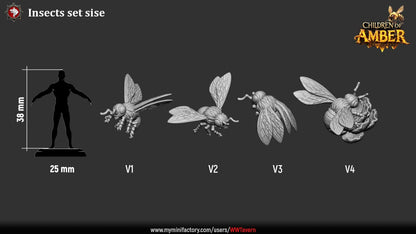 Render of Basing Insects Set | Bee and Wasp Scatter Miniatures: Four giant honeybees, a wasp, and a flower for basing, terrain, and swarm markers, from White Werewolf's Children of Amber. 3D printed resin scatter set.