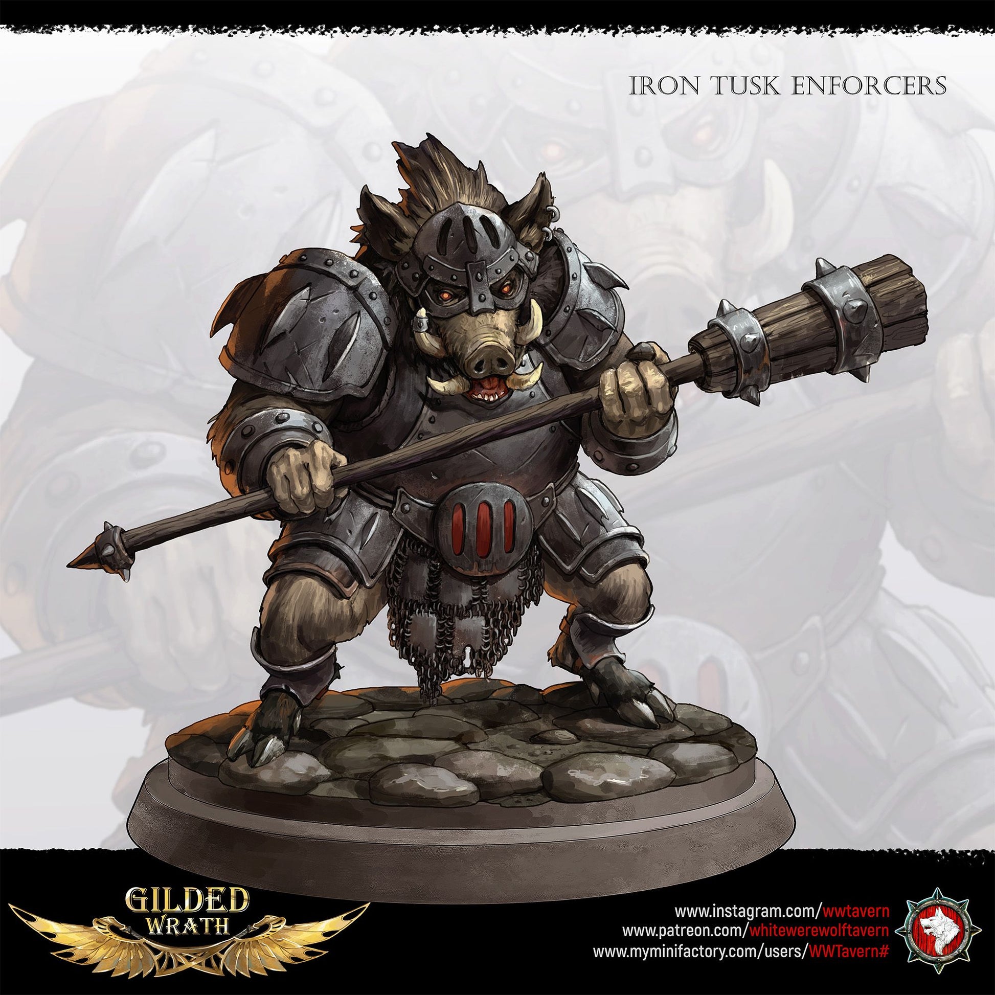 Render of Iron Tusk Enforcers | 32mm Boar-Folk Miniatures: Six plate-armored boar-folk with poleaxes, shields, and spiked club, from White Werewolf's Gilded Wrath. 32mm 3D printed resin, single or full set.