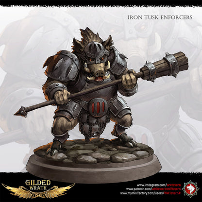 Render of Iron Tusk Enforcers | 32mm Boar-Folk Miniatures: Six plate-armored boar-folk with poleaxes, shields, and spiked club, from White Werewolf's Gilded Wrath. 32mm 3D printed resin, single or full set.
