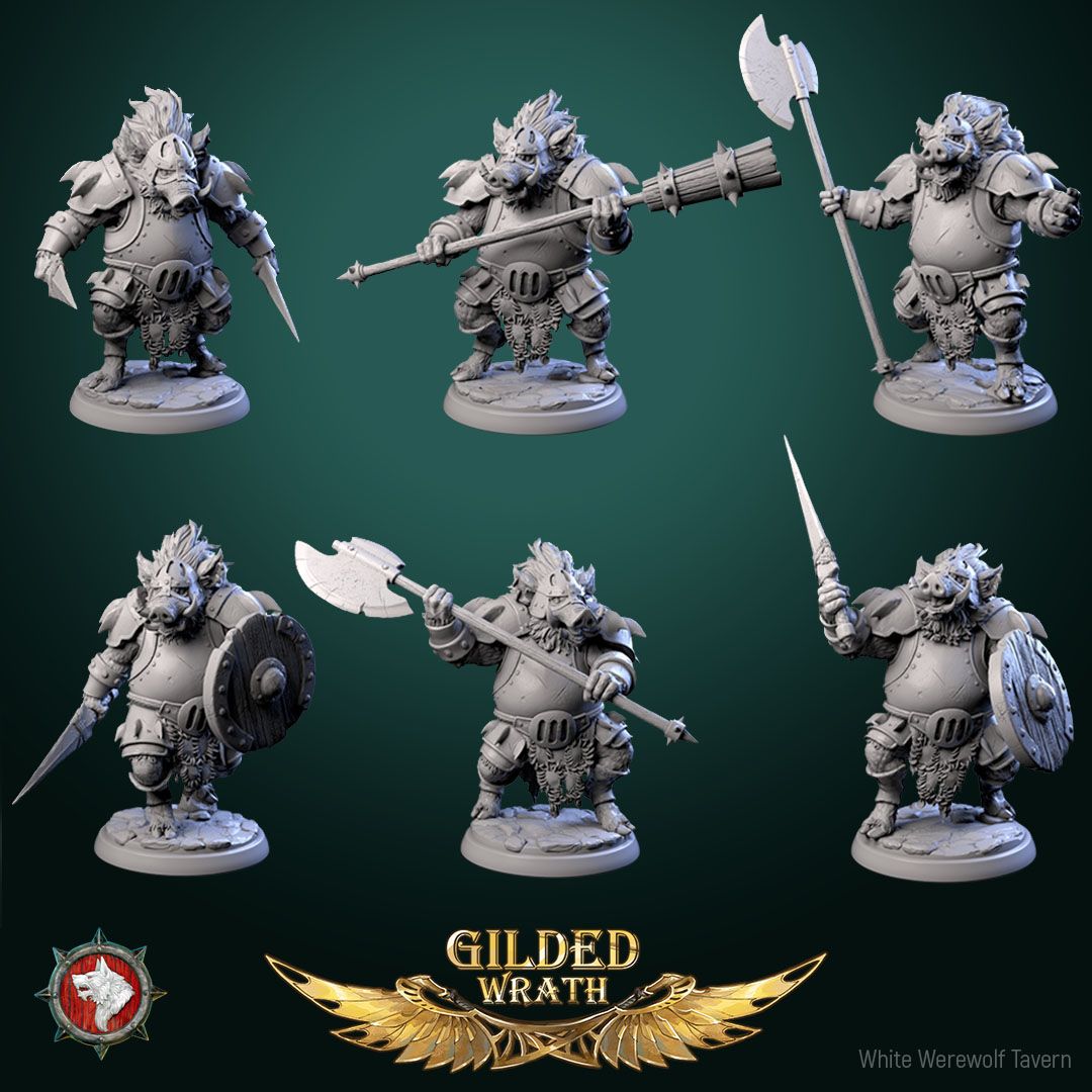 Render of Iron Tusk Enforcers | 32mm Boar-Folk Miniatures: Six plate-armored boar-folk with poleaxes, shields, and spiked club, from White Werewolf's Gilded Wrath. 32mm 3D printed resin, single or full set.