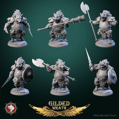Render of Iron Tusk Enforcers | 32mm Boar-Folk Miniatures: Six plate-armored boar-folk with poleaxes, shields, and spiked club, from White Werewolf's Gilded Wrath. 32mm 3D printed resin, single or full set.