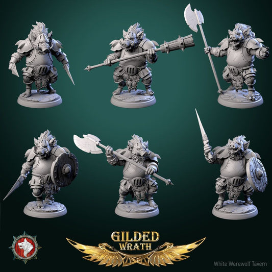 Render of Iron Tusk Enforcers | 32mm Boar-Folk Miniatures: Six plate-armored boar-folk with poleaxes, shields, and spiked club, from White Werewolf's Gilded Wrath. 32mm 3D printed resin, single or full set.