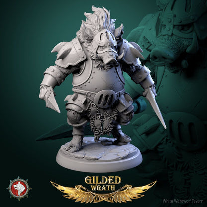 Render of Iron Tusk Enforcers | 32mm Boar-Folk Miniatures: Six plate-armored boar-folk with poleaxes, shields, and spiked club, from White Werewolf's Gilded Wrath. 32mm 3D printed resin, single or full set.