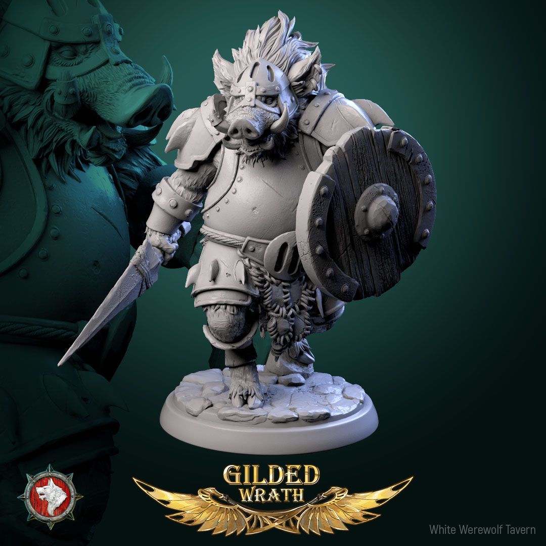 Render of Iron Tusk Enforcers | 32mm Boar-Folk Miniatures: Six plate-armored boar-folk with poleaxes, shields, and spiked club, from White Werewolf's Gilded Wrath. 32mm 3D printed resin, single or full set.