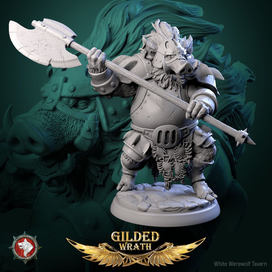 Render of Iron Tusk Enforcers | 32mm Boar-Folk Miniatures: Six plate-armored boar-folk with poleaxes, shields, and spiked club, from White Werewolf's Gilded Wrath. 32mm 3D printed resin, single or full set.