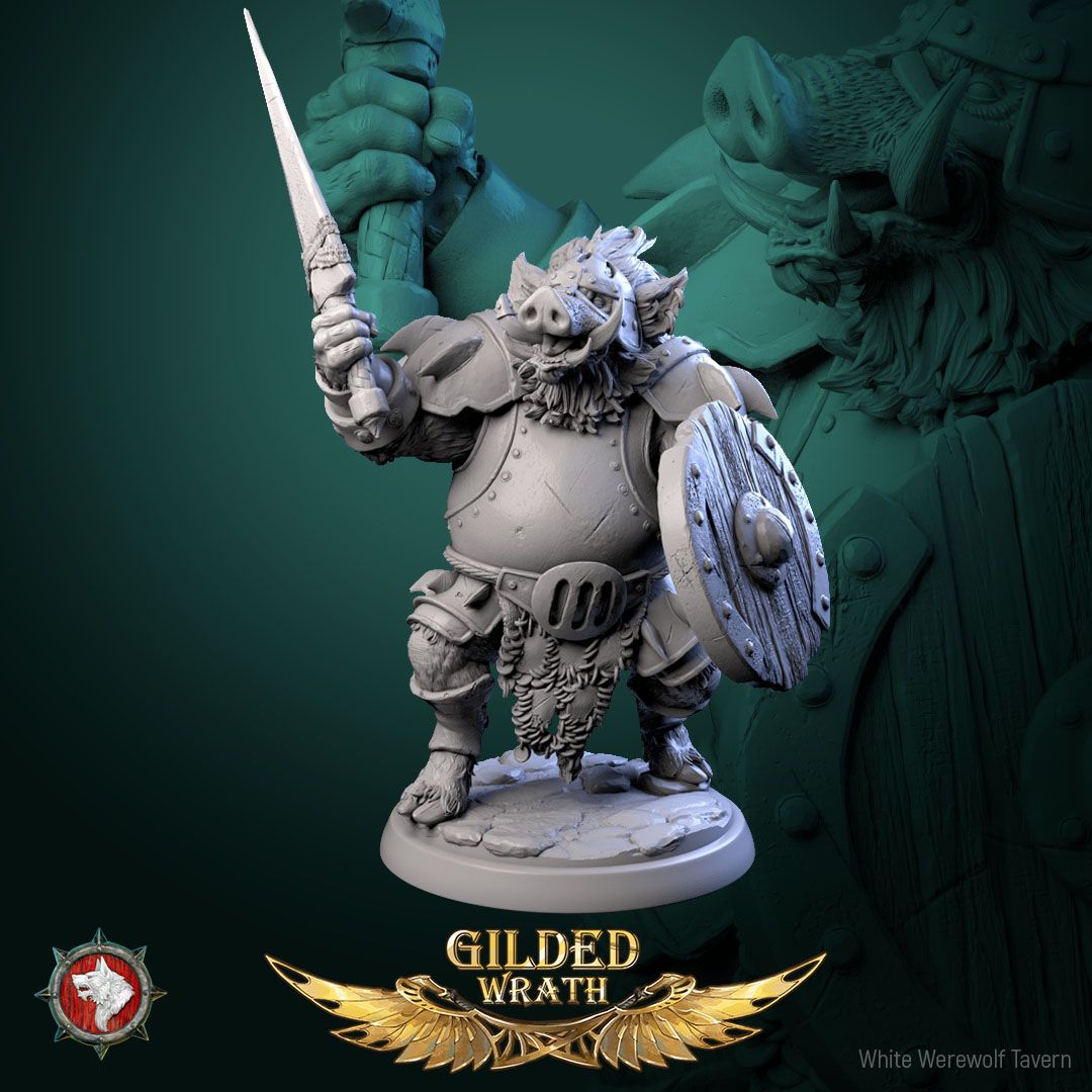 Render of Iron Tusk Enforcers | 32mm Boar-Folk Miniatures: Six plate-armored boar-folk with poleaxes, shields, and spiked club, from White Werewolf's Gilded Wrath. 32mm 3D printed resin, single or full set.