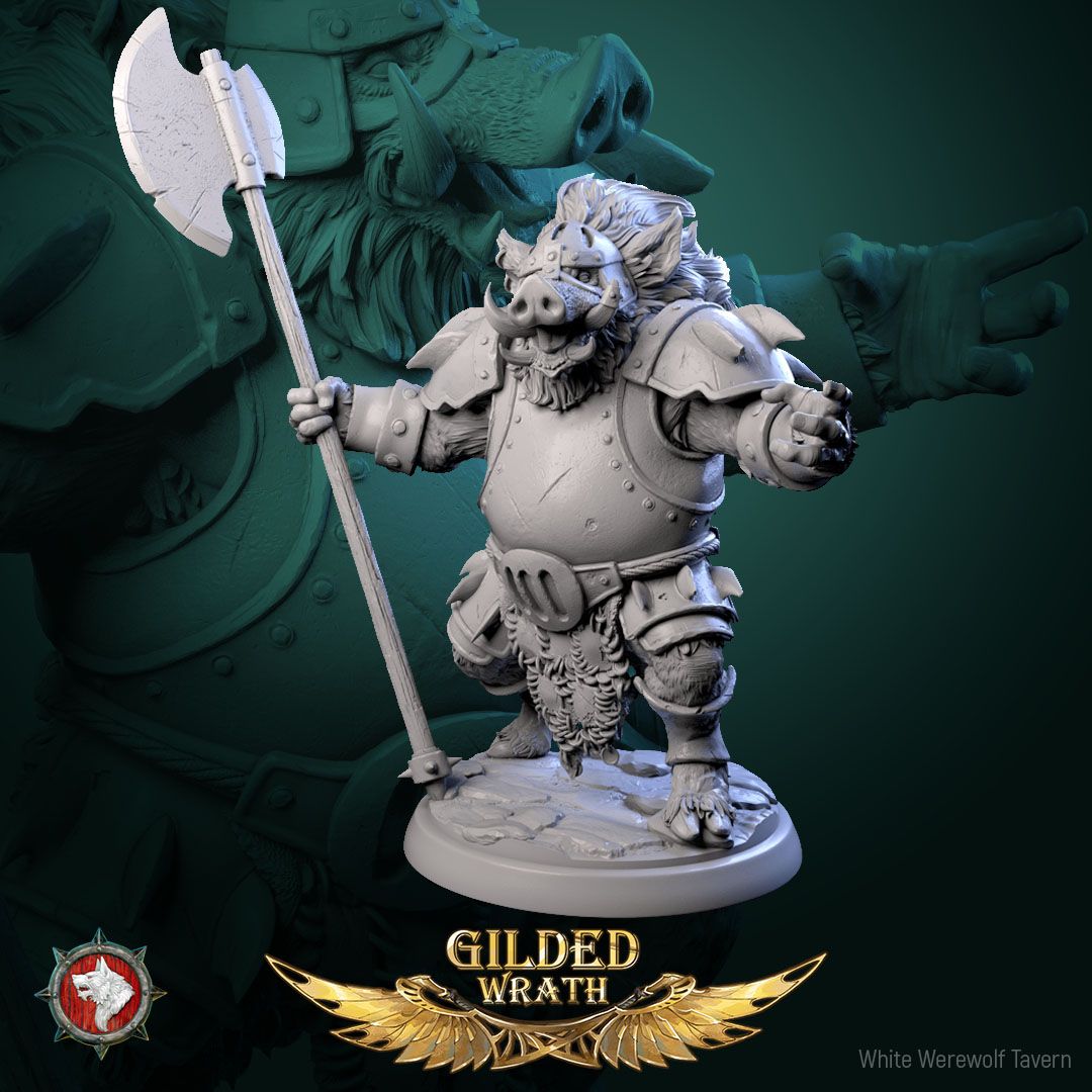 Render of Iron Tusk Enforcers | 32mm Boar-Folk Miniatures: Six plate-armored boar-folk with poleaxes, shields, and spiked club, from White Werewolf's Gilded Wrath. 32mm 3D printed resin, single or full set.