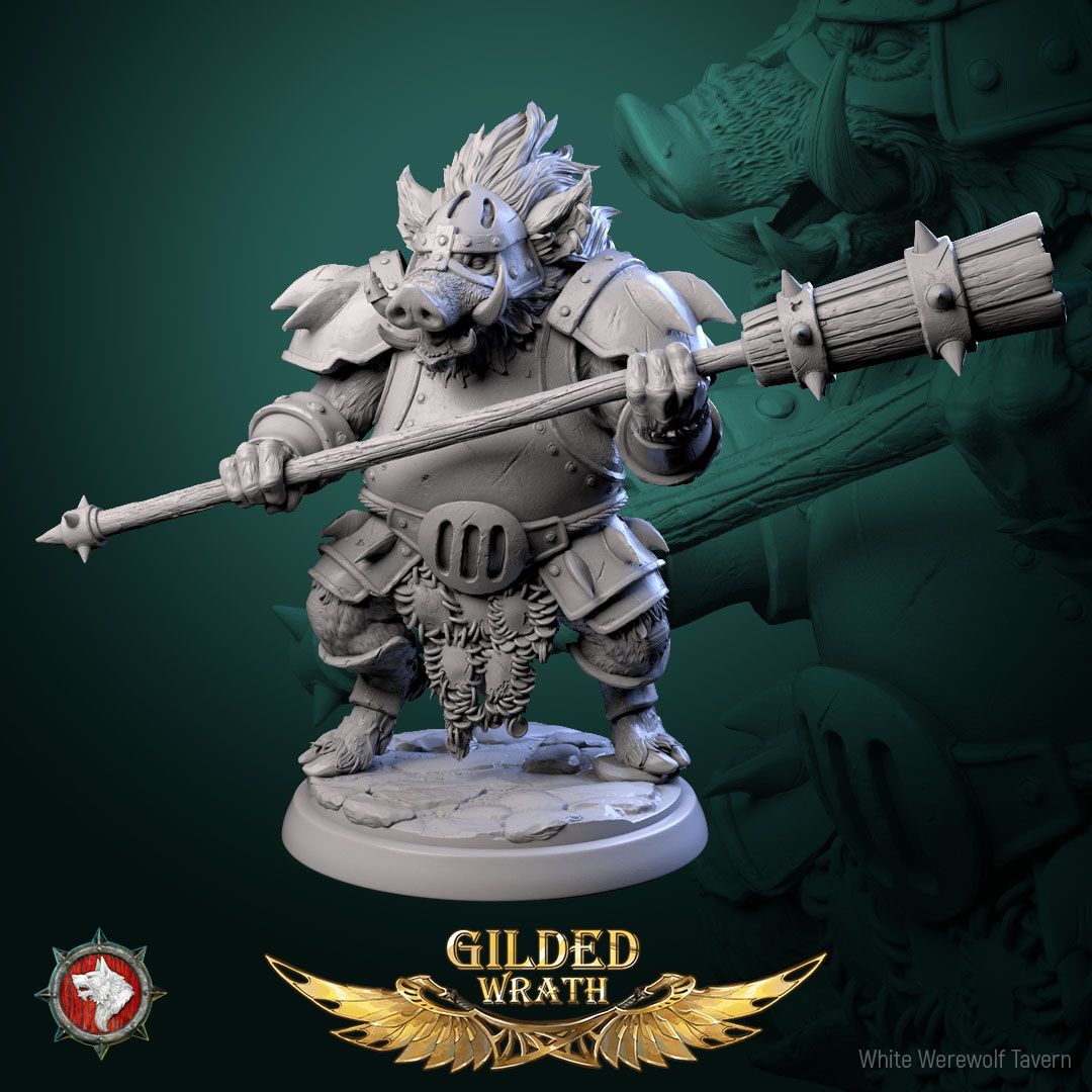 Render of Iron Tusk Enforcers | 32mm Boar-Folk Miniatures: Six plate-armored boar-folk with poleaxes, shields, and spiked club, from White Werewolf's Gilded Wrath. 32mm 3D printed resin, single or full set.