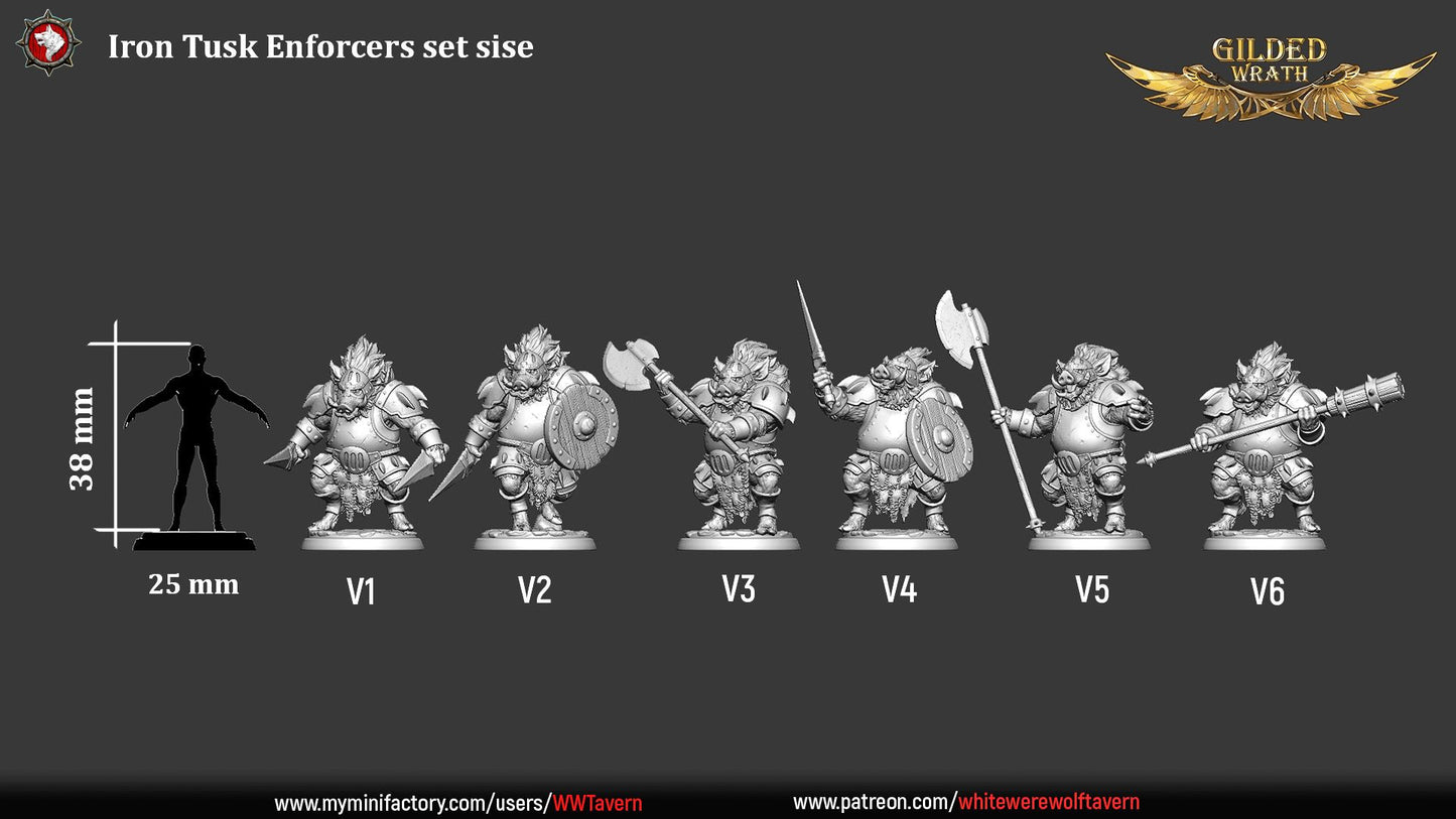 Render of Iron Tusk Enforcers | 32mm Boar-Folk Miniatures: Six plate-armored boar-folk with poleaxes, shields, and spiked club, from White Werewolf's Gilded Wrath. 32mm 3D printed resin, single or full set.