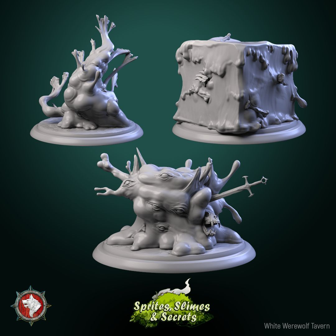 Render of Jelly Set | 32mm Slime and Gelatinous Cube Miniatures: Branch slime, gelatinous cube, and many-eyed ooze from White Werewolf's Sprites, Slimes and Secrets. 32mm 3D printed resin monsters, single or set.