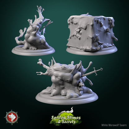 Render of Jelly Set | 32mm Slime and Gelatinous Cube Miniatures: Branch slime, gelatinous cube, and many-eyed ooze from White Werewolf's Sprites, Slimes and Secrets. 32mm 3D printed resin monsters, single or set.