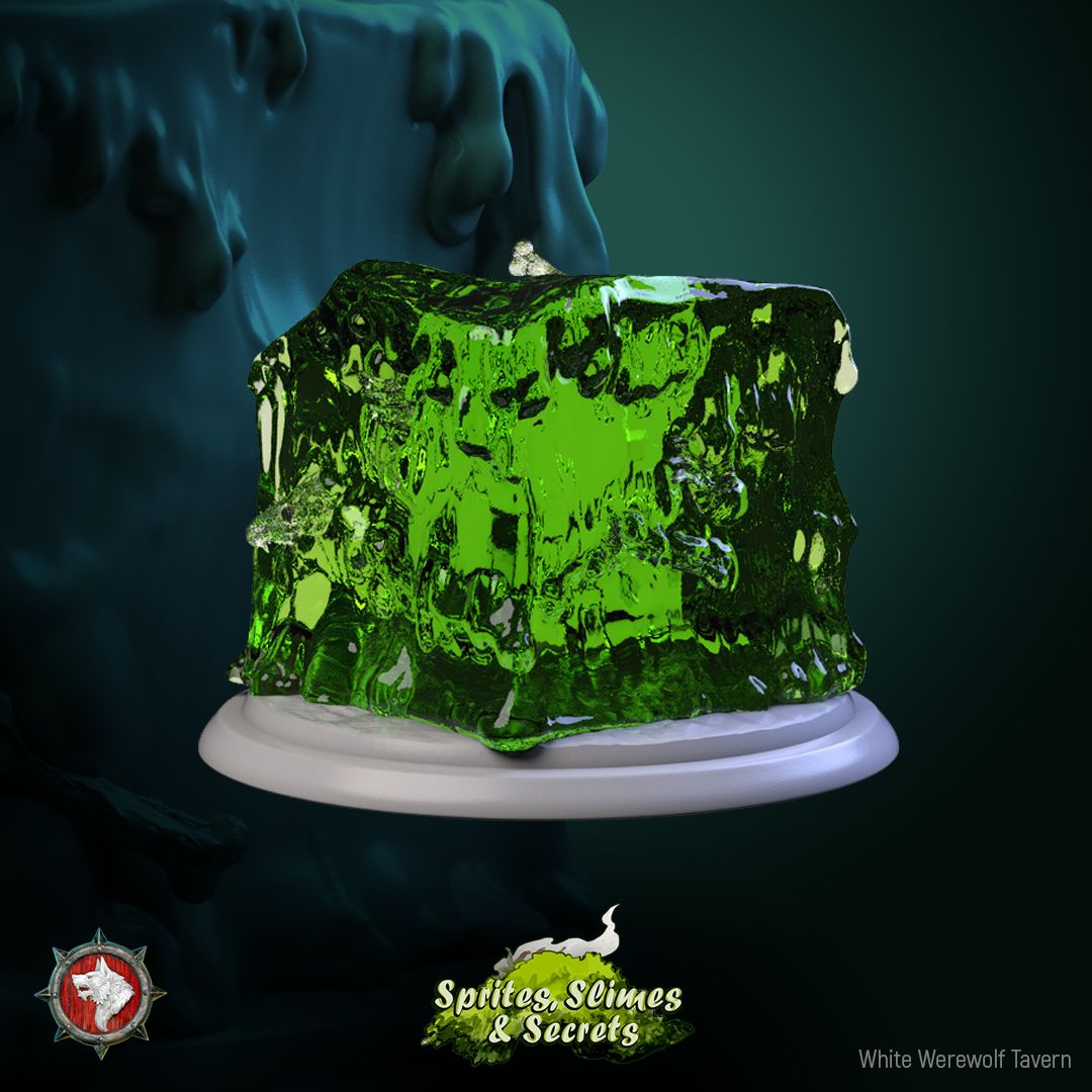 Render of Jelly Set | 32mm Slime and Gelatinous Cube Miniatures: Branch slime, gelatinous cube, and many-eyed ooze from White Werewolf's Sprites, Slimes and Secrets. 32mm 3D printed resin monsters, single or set.