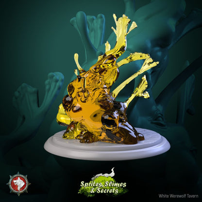 Render of Jelly Set | 32mm Slime and Gelatinous Cube Miniatures: Branch slime, gelatinous cube, and many-eyed ooze from White Werewolf's Sprites, Slimes and Secrets. 32mm 3D printed resin monsters, single or set.