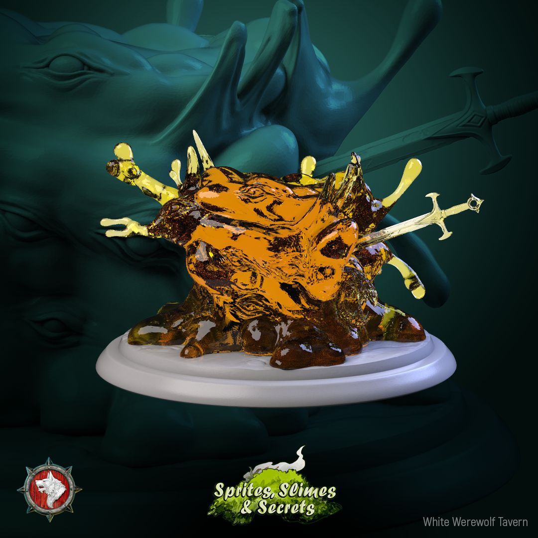 Render of Jelly Set | 32mm Slime and Gelatinous Cube Miniatures: Branch slime, gelatinous cube, and many-eyed ooze from White Werewolf's Sprites, Slimes and Secrets. 32mm 3D printed resin monsters, single or set.