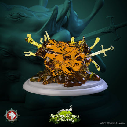 Render of Jelly Set | 32mm Slime and Gelatinous Cube Miniatures: Branch slime, gelatinous cube, and many-eyed ooze from White Werewolf's Sprites, Slimes and Secrets. 32mm 3D printed resin monsters, single or set.