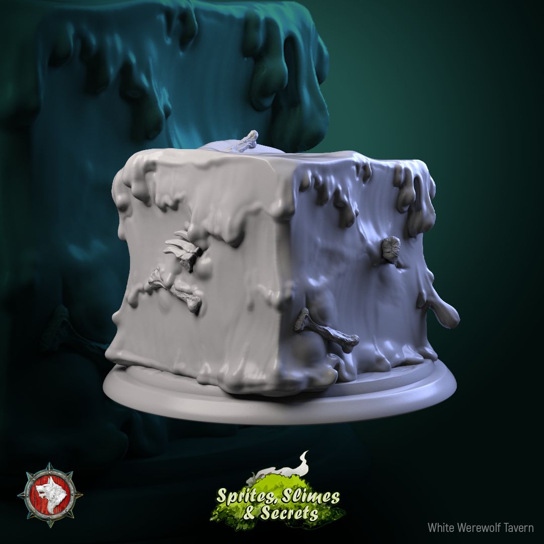 Render of Jelly Set | 32mm Slime and Gelatinous Cube Miniatures: Branch slime, gelatinous cube, and many-eyed ooze from White Werewolf's Sprites, Slimes and Secrets. 32mm 3D printed resin monsters, single or set.
