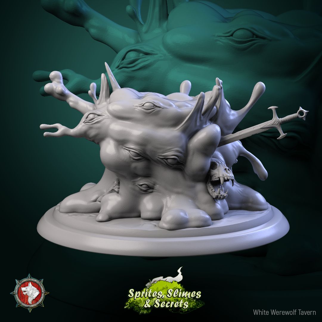 Render of Jelly Set | 32mm Slime and Gelatinous Cube Miniatures: Branch slime, gelatinous cube, and many-eyed ooze from White Werewolf's Sprites, Slimes and Secrets. 32mm 3D printed resin monsters, single or set.