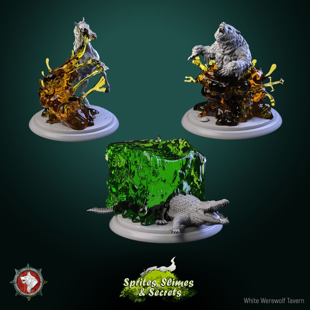 Render of Jelly with Animals Set | 32mm Engulfing Slime Miniatures: Honey jellies engulfing a horse and bear, and a primordial cube over a crocodile, from White Werewolf's Sprites, Slimes and Secrets. 32mm resin set.